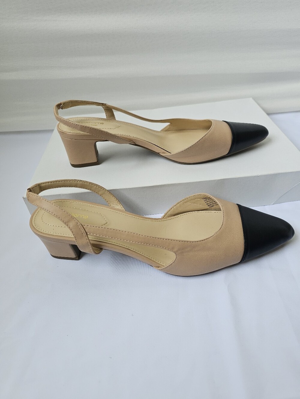Two-Tone Slingback Pointed Toe Pumps in Beige and Black - Picture 6 of 16
